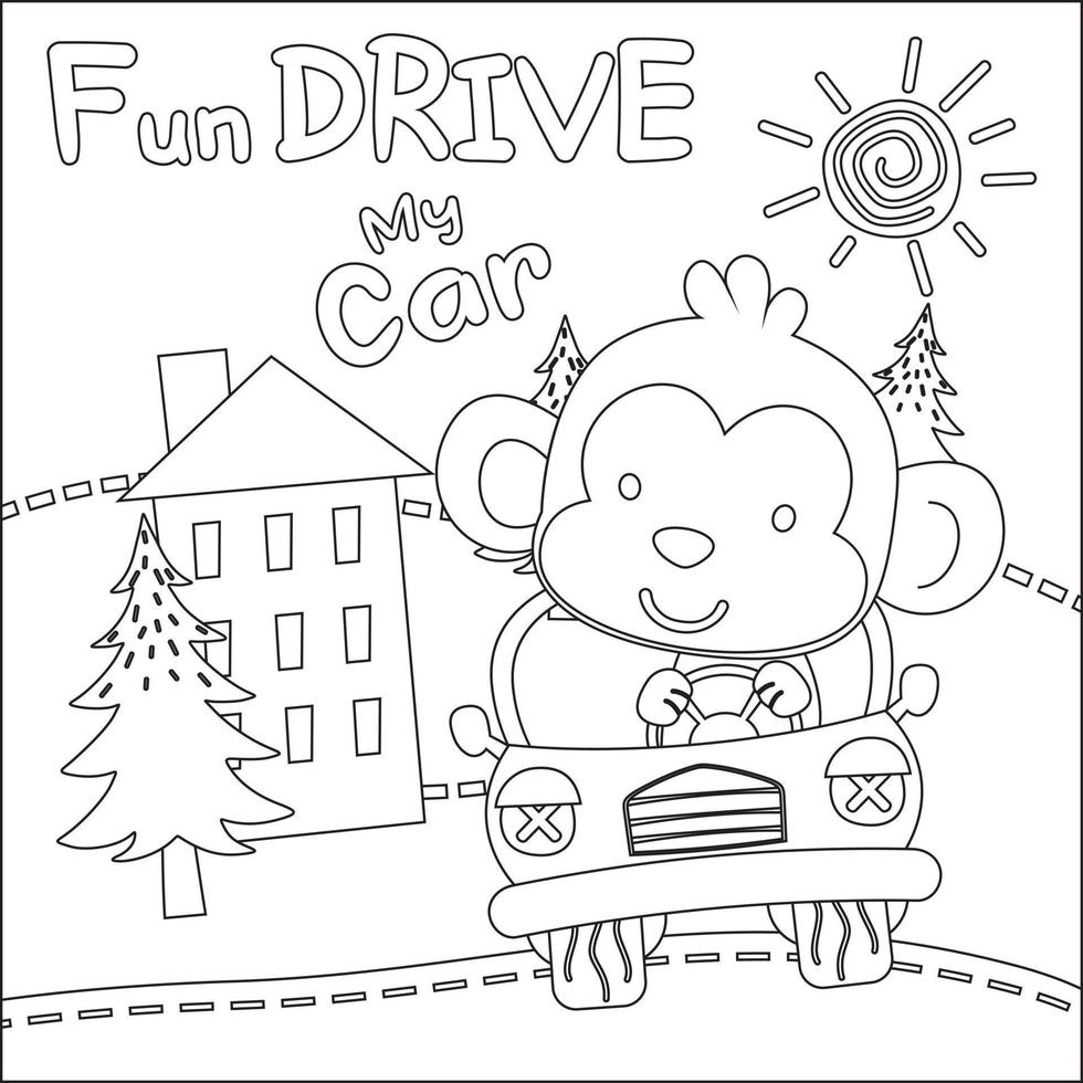 Vektor Illustration von lustig Tier Fahren das Weiß Wagen. kindisch Design zum Kinder Aktivität Färbung Buch oder Buchseite.