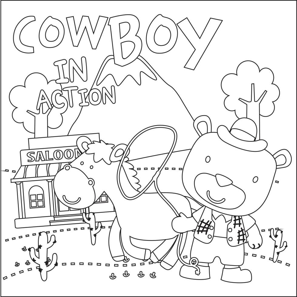 vektor illustration av söt djur- cowboy med lasso och och häst. barnslig design för barn aktivitet färg bok eller sida.