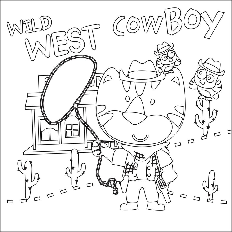 Vektor Illustration von süß Tier Cowboy mit Lasso und und Pferd. kindisch Design zum Kinder Aktivität Färbung Buch oder Buchseite.