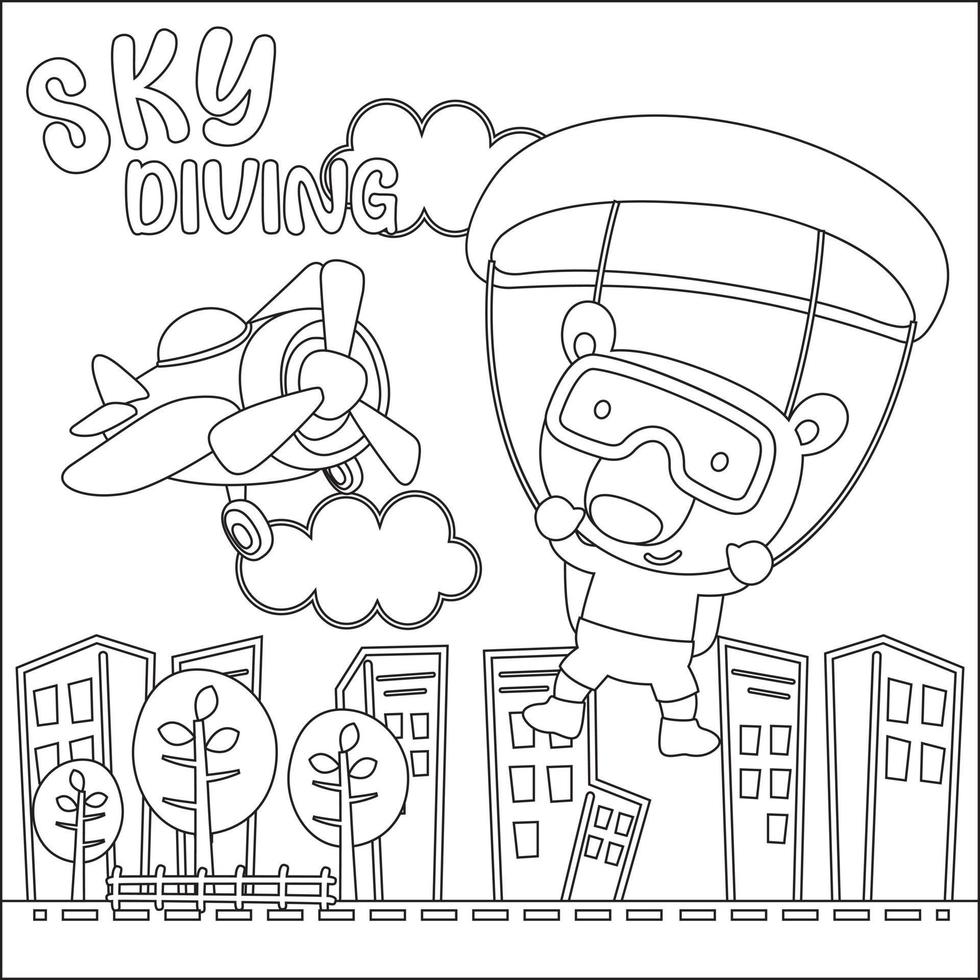 Vektor Karikatur Illustration von Fallschirmspringen mit wenig Tier mit Karikatur Stil kindisch Design zum Kinder Aktivität Färbung Buch oder Buchseite.