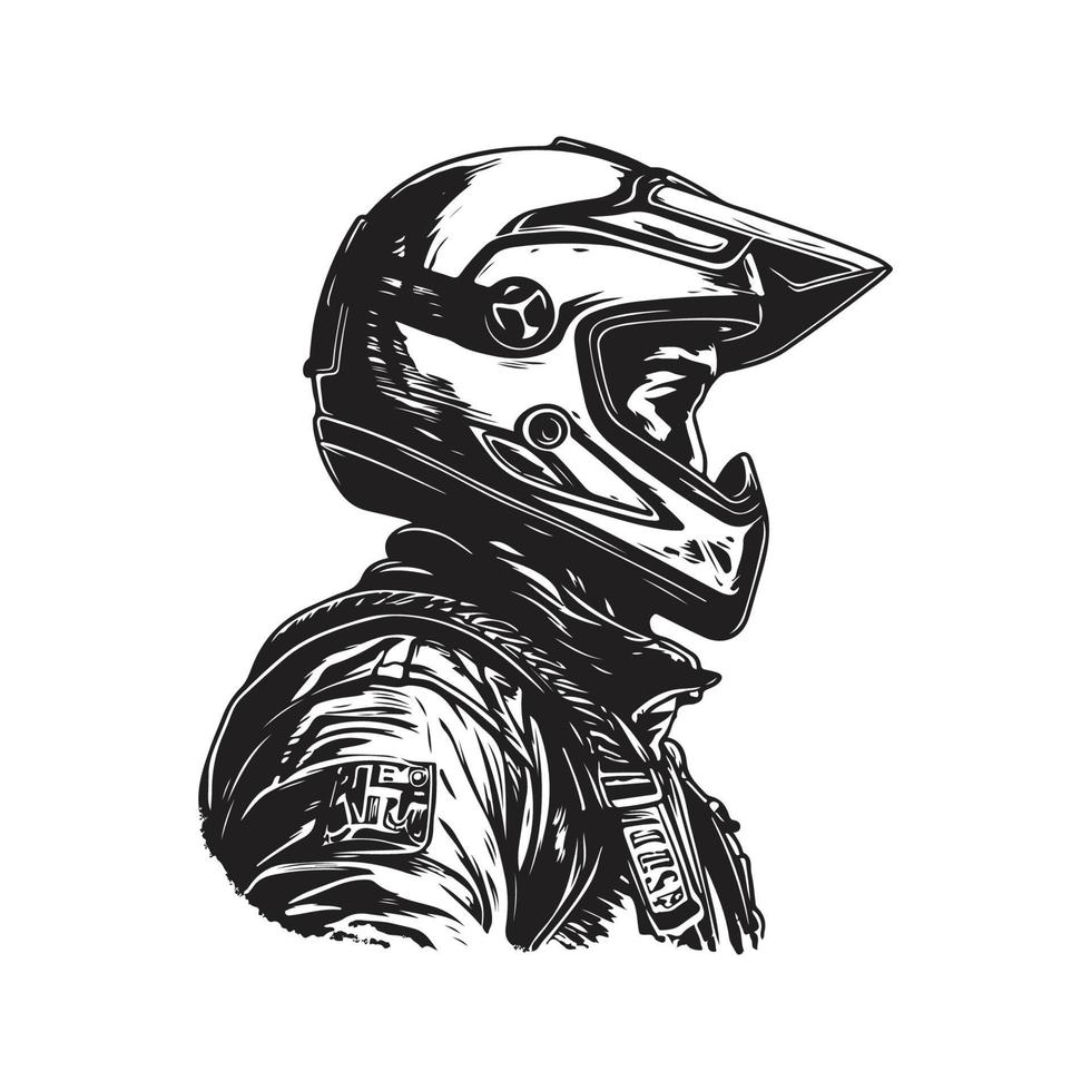 Mann mit voll Gesicht Moto-Cross Helm, Jahrgang Logo Konzept schwarz und Weiß Farbe, Hand gezeichnet Illustration vektor