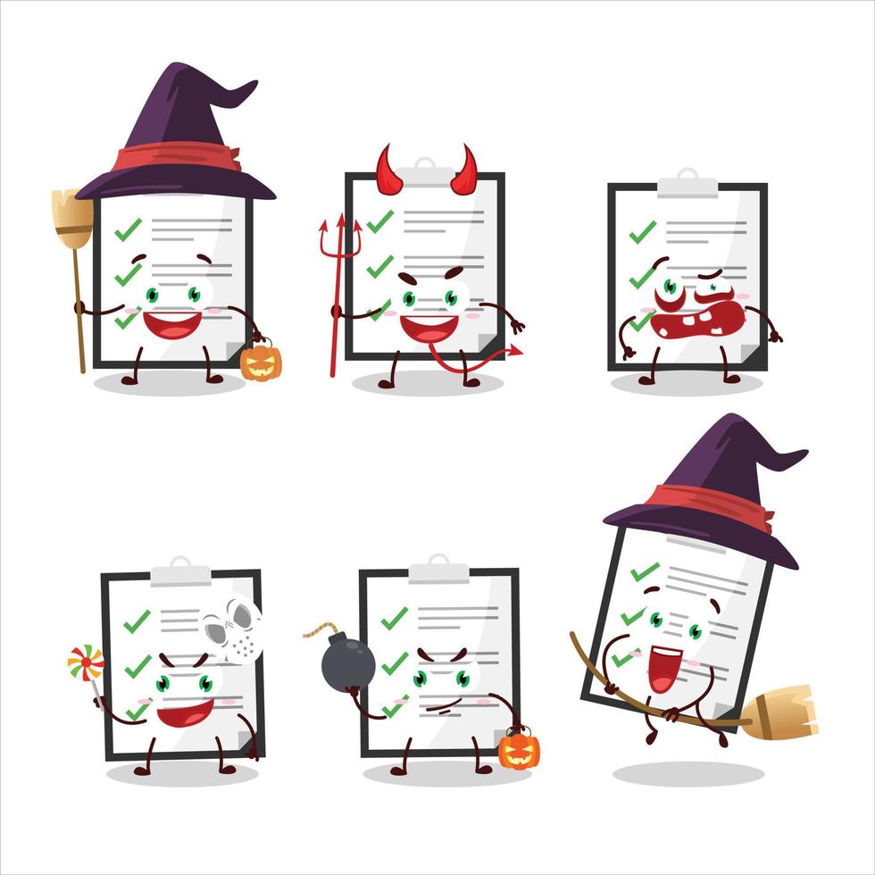 Halloween Ausdruck Emoticons mit Karikatur Charakter von Zwischenablage mit Checkliste vektor