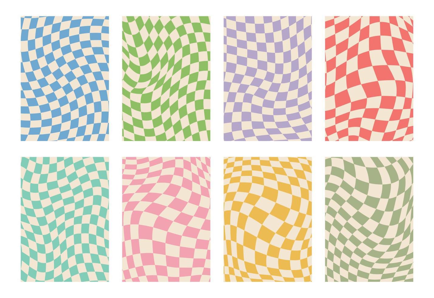 retro uppsättning av häftig vågig psychedelic checkerboard i blek pastell färger, a4. y2k, telefon fall bakgrund från de 90-tal. hippie schackbräde mall. psychedelic retro design från de 60s 70-tal. gingham. vektor