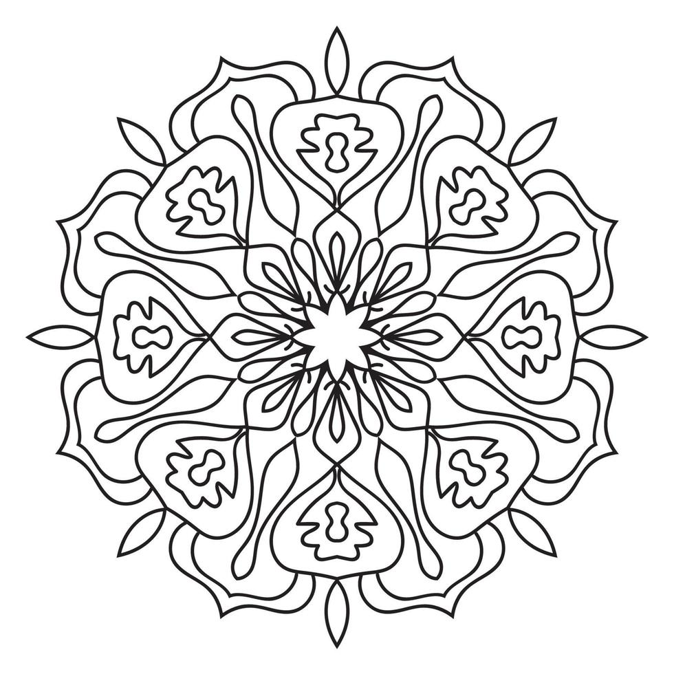 Blumenmandala mit schwarzem Umriss. kritzeln sie rundes dekoratives element für das malbuch, das auf weißem hintergrund lokalisiert wird. floraler geometrischer Kreis. vektor