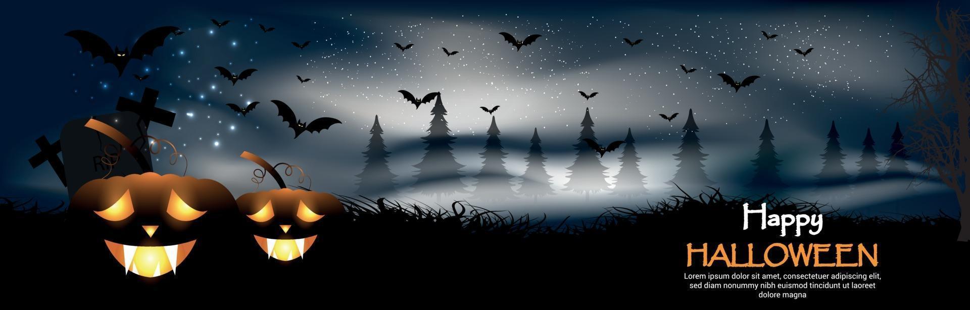 glücklicher Halloween-Nachtpartyhintergrund mit kreativem leuchtendem Kürbis auf Horrorhintergrund vektor