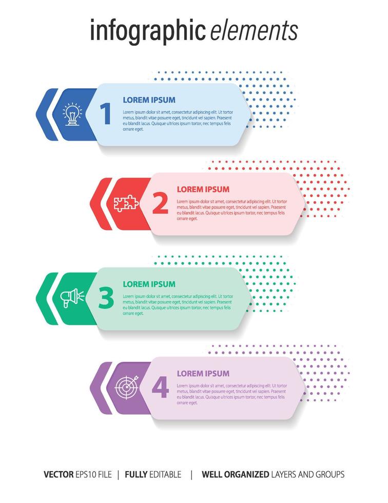 infographics design vektor och marknadsföringsikoner kan användas för arbetsflödeslayout, diagram, årsredovisning, webbdesign. affärsidé med fyra alternativ, steg eller processer.