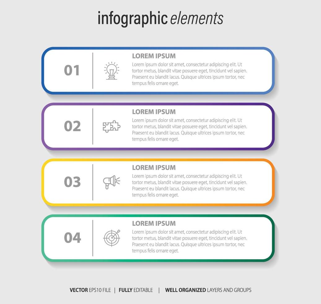 vier nummeriert rechteckig Frames platziert im horizontal Reihe. Konzept von 4 Stufen von Marketing Strategie. modern eben Infografik Design Vorlage. einfach Vektor Illustration zum Geschäft Präsentation