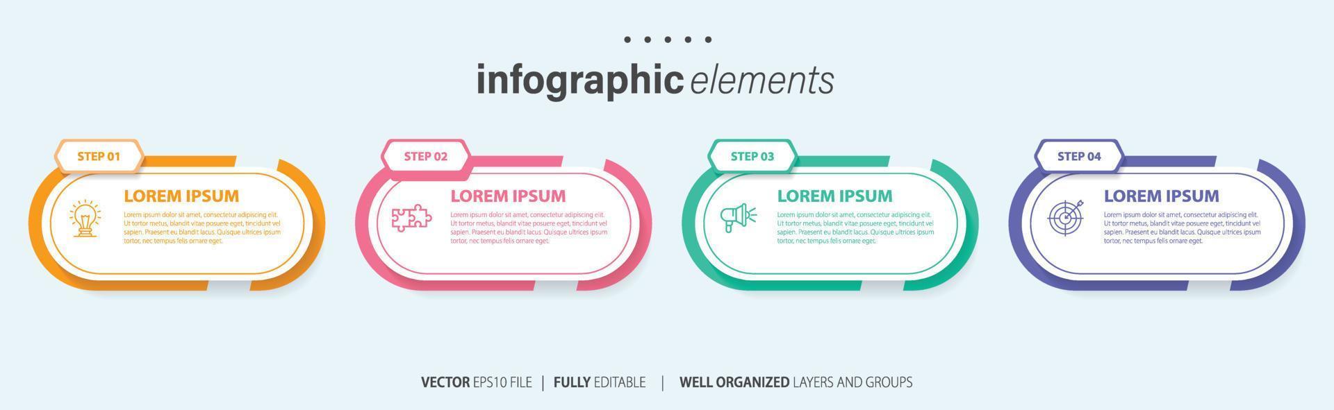 infographic designmall. tidslinjekoncept med 4 steg. kan användas för arbetsflödeslayout, diagram, banner, webbdesign. vektor illustration