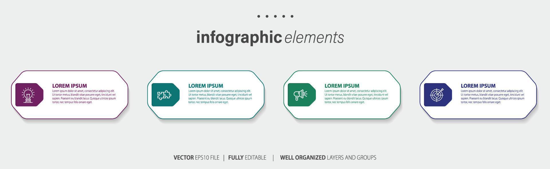 Vektor Infografik eben Vorlage Kreise zum vier Etikett, Diagramm, Graph, Präsentation. Geschäft Konzept mit 4 Optionen. zum Inhalt, Flussdiagramm, Schritte, Zeitleiste, Arbeitsablauf, Marketing. eps10