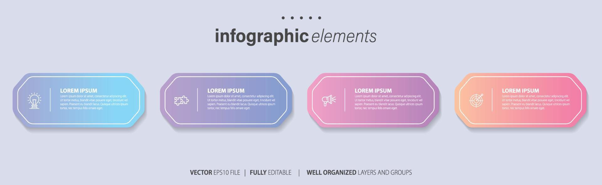 Vektor Infografik eben Vorlage Kreise zum vier Etikett, Diagramm, Graph, Präsentation. Geschäft Konzept mit 4 Optionen. zum Inhalt, Flussdiagramm, Schritte, Zeitleiste, Arbeitsablauf, Marketing. eps10