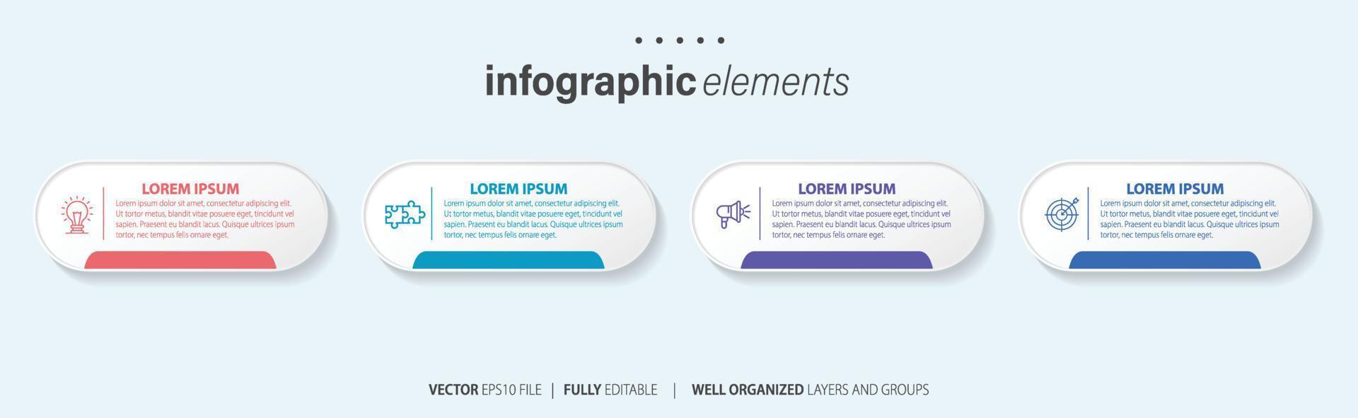 infographic designmall. tidslinjekoncept med 4 steg. kan användas för arbetsflödeslayout, diagram, banner, webbdesign. vektor illustration