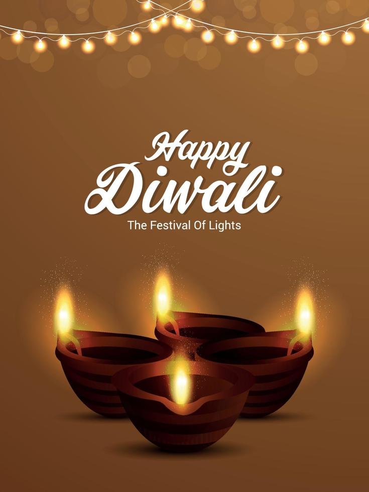 glad diwali hinduisk festivalbakgrund med kreativ oljelampa och festflagga vektor