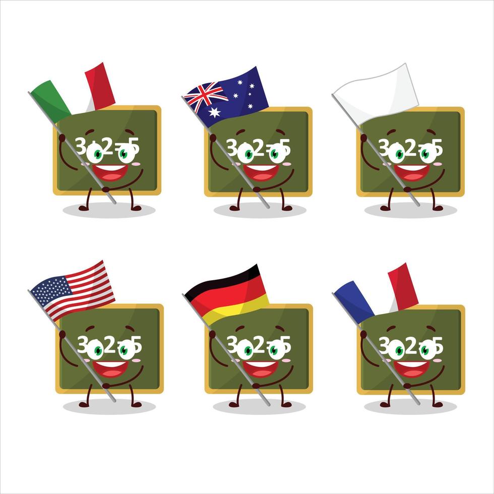 krita styrelse tecknad serie karaktär föra de flaggor av olika länder vektor