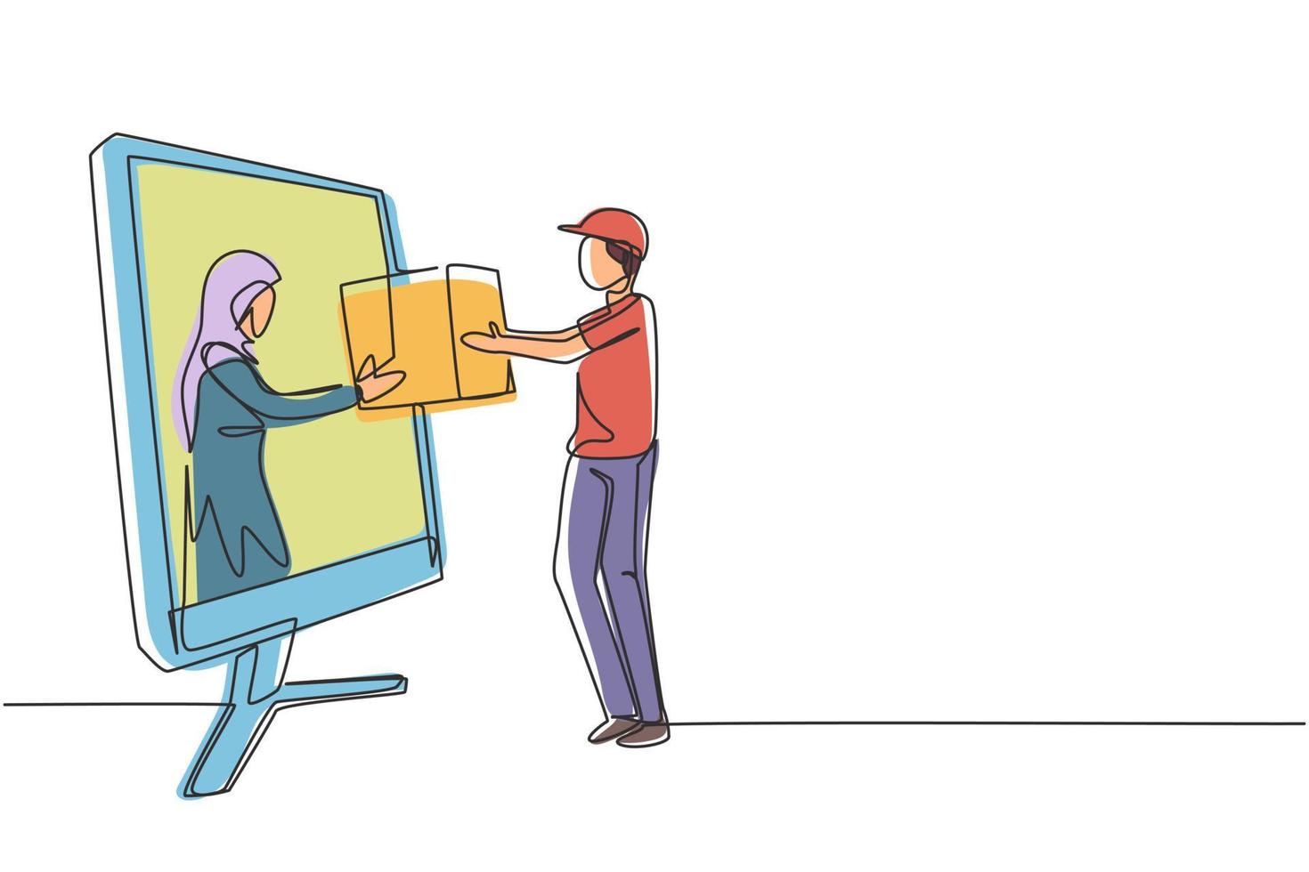 Eine einzelne Zeichnung einer arabischen Kundin erhält ein verpacktes Paket über den Monitorbildschirm vom Kurier. Online-Lieferservice. moderne durchgehende Linie zeichnen Design-Grafik-Vektor-Illustration vektor