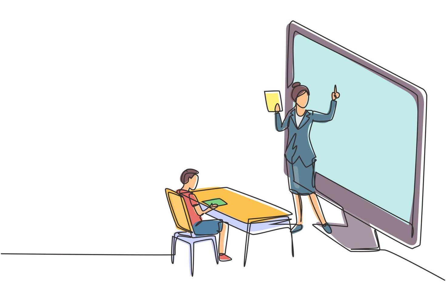 Kontinuierliche einzeilige Zeichnung Lehrerin, die vor dem Bildschirm steht, ein Buch hält und männliche Schüler der Mittelstufe unterrichtet, die auf Bänken um den Schreibtisch sitzen. Einzeiliger Entwurfsvektor vektor