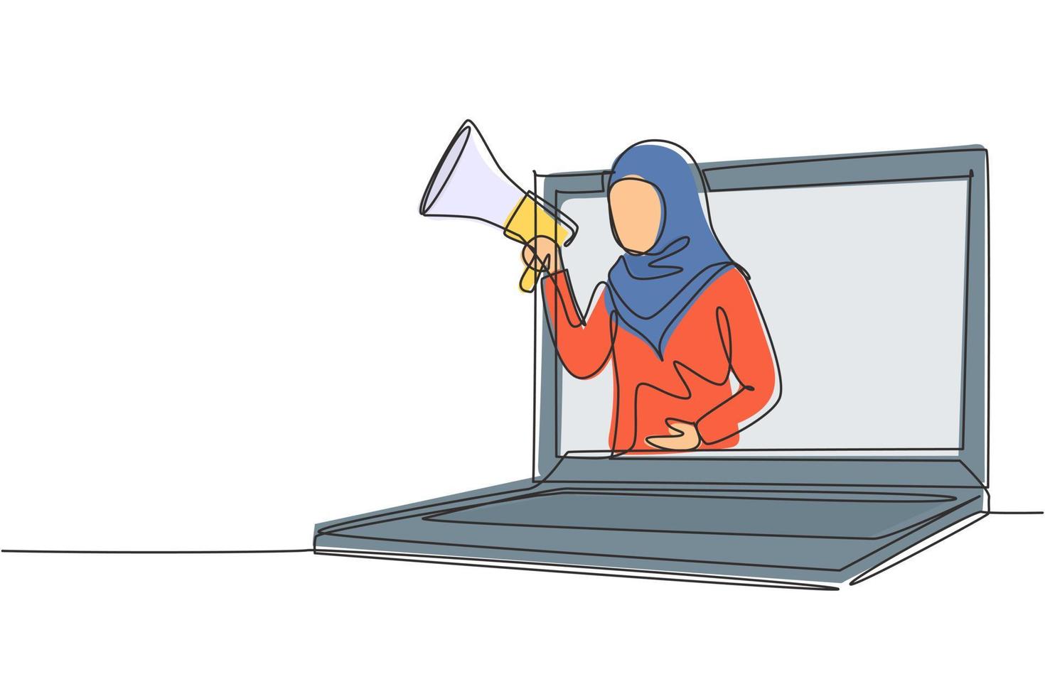 enda kontinuerlig linje ritning ung arabisk kvinna som kommer ut från laptop skärm håller megafon. erbjuder produkt med rabatter eller rea koncept. dynamisk en rad rita grafisk design vektorillustration vektor