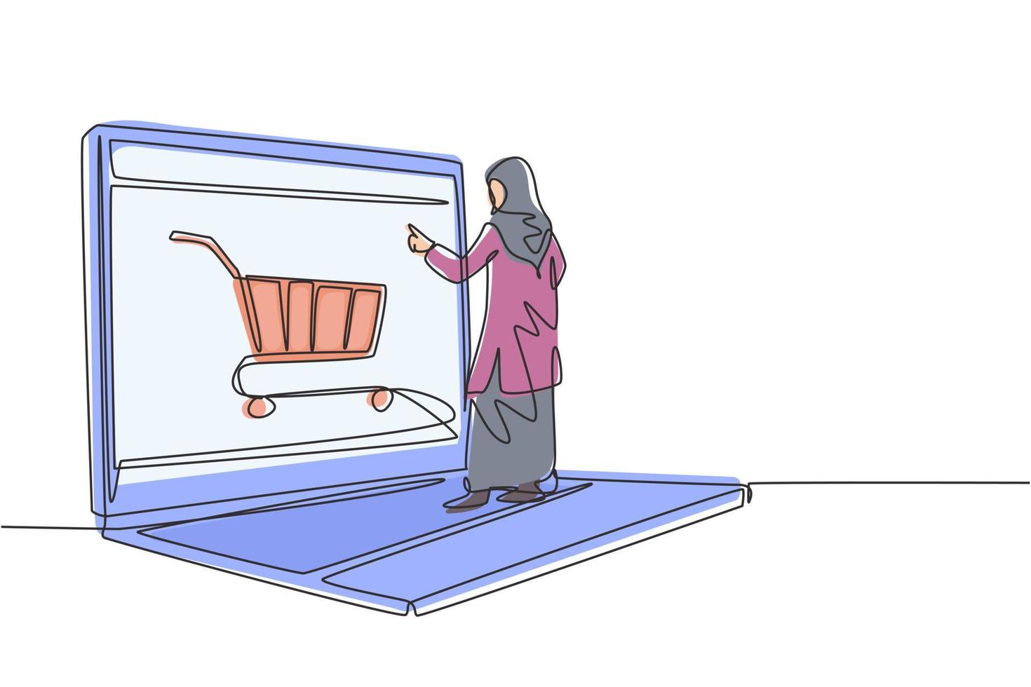 einzelne durchgehende Strichzeichnung junge arabische Frau beim Einkaufen über den Laptop-Bildschirm mit Einkaufswagen. E-Commerce, digitales Lifestyle-Konzept. dynamische eine linie zeichnen grafikdesign vektorillustration vektor