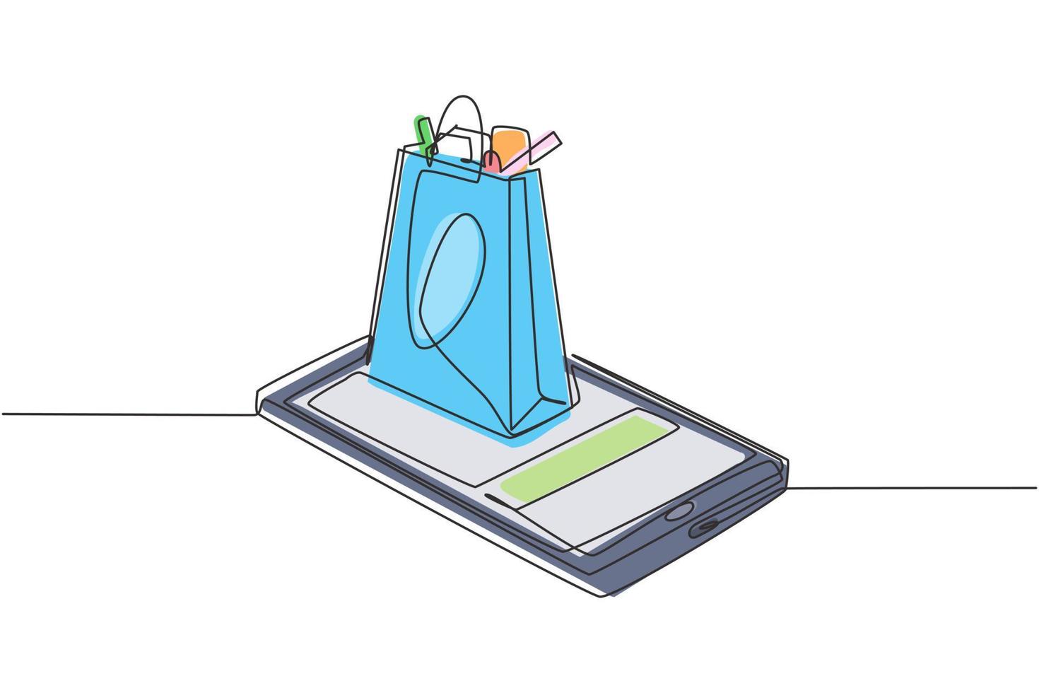 Kontinuierliche einzeilige Einkaufstasche mit Waren auf dem Smartphone-Bildschirm. Verkauf, Menschen digitaler Lebensstil mit Internet- und Gadget-Konzept. Einzeilige Zeichnung Design Vektorgrafik Illustration vektor