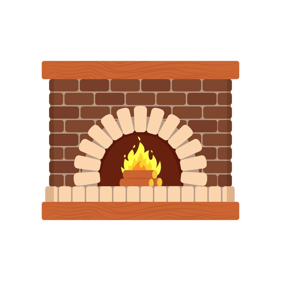 gemütlicher gemauerter Kamin, Holzfeuer, Heizgerät. vektorillustration im flachen karikaturstil. vektor