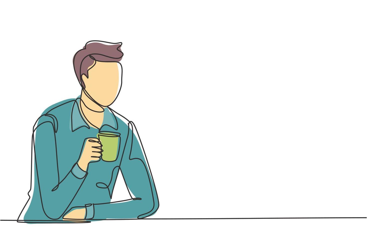 kontinuerlig en rad ritning ung man sitter och håller en kopp kaffe i ena handen. njut av morgonen innan jobbet på kontoret. framgång person koncept. enda rad rita design vektorgrafisk illustration vektor