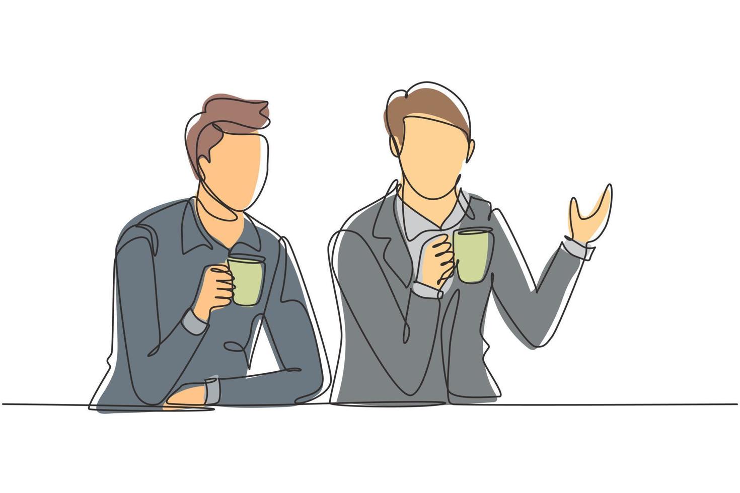 kontinuerlig en rad som ritar två unga män som sitter över en kopp kaffe och pratar om arbetsplaner på kontoret. framgång livsstilskoncept. enda rad rita design vektorgrafisk illustration vektor