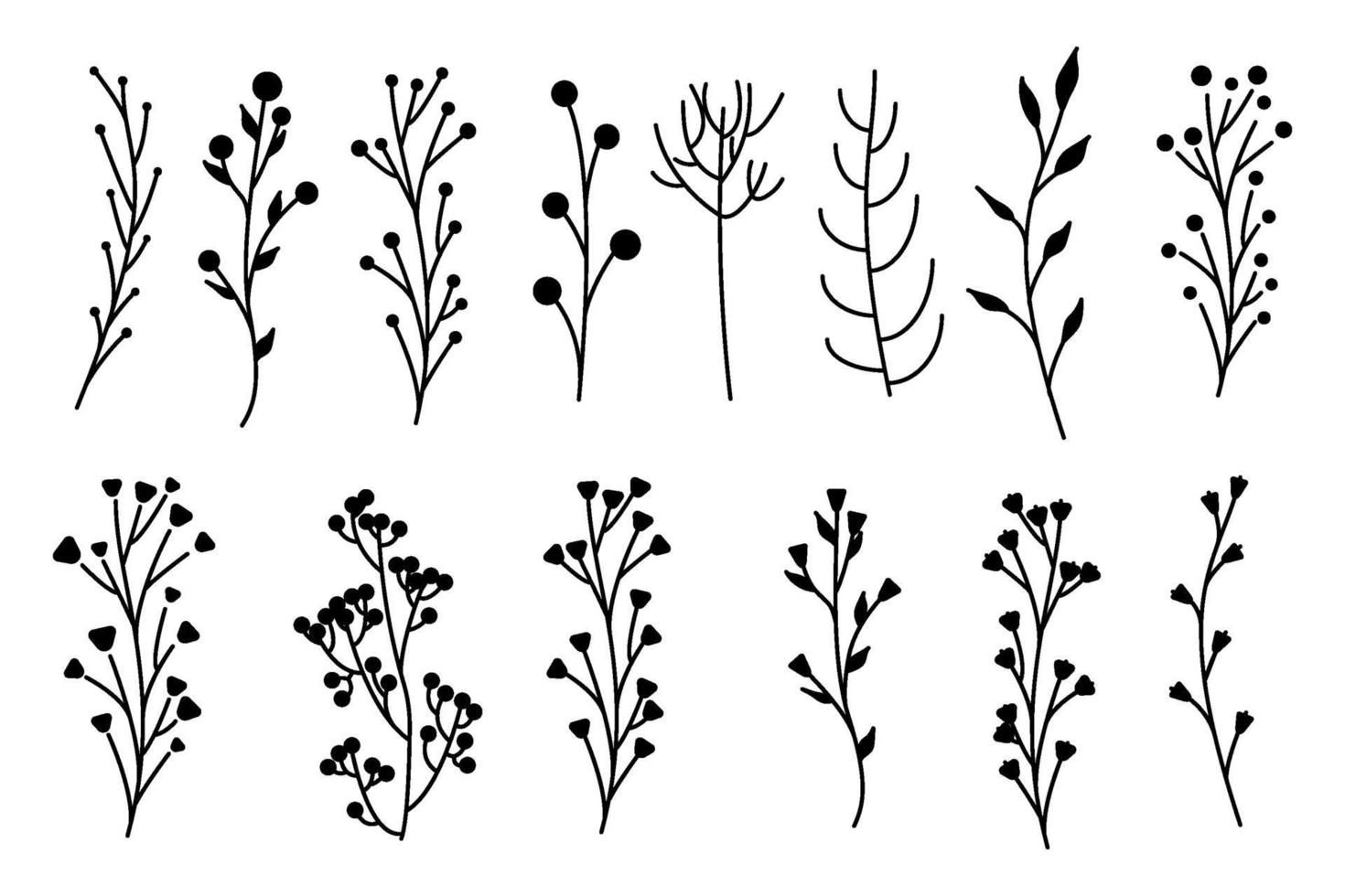 Sammlung minimalistischer einfacher floraler Elemente. grafische Skizze. modisches Tattoo-Design. Blumen, Gras und Blätter. botanische natürliche Elemente. Vektorillustration. Umriss, Linie, Doodle-Stil. vektor