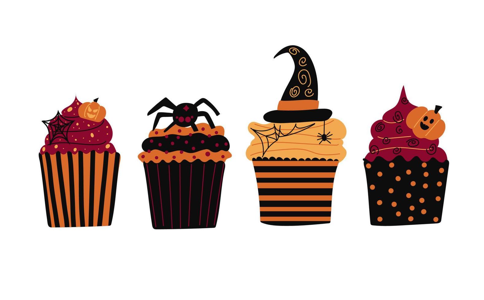 Halloween Cupcakes. gespenstisch dekoriert Muffins, thematisch klein Kuchen zum 31 Oktober und unheimlich Dessert Essen Karikatur Vektor Illustration einstellen von Halloween Kuchen Muffin gespenstisch