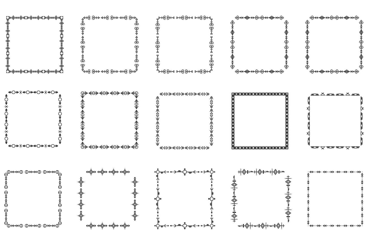 Satz quadratischer Rahmen und Monogramme. Sammlung dekorative quadratische Ränder. abstraktes Gekritzel. Doodle Logo Design-Elemente. Vorlagenetiketten, Aufkleber, Karten. Vektorillustration. vektor