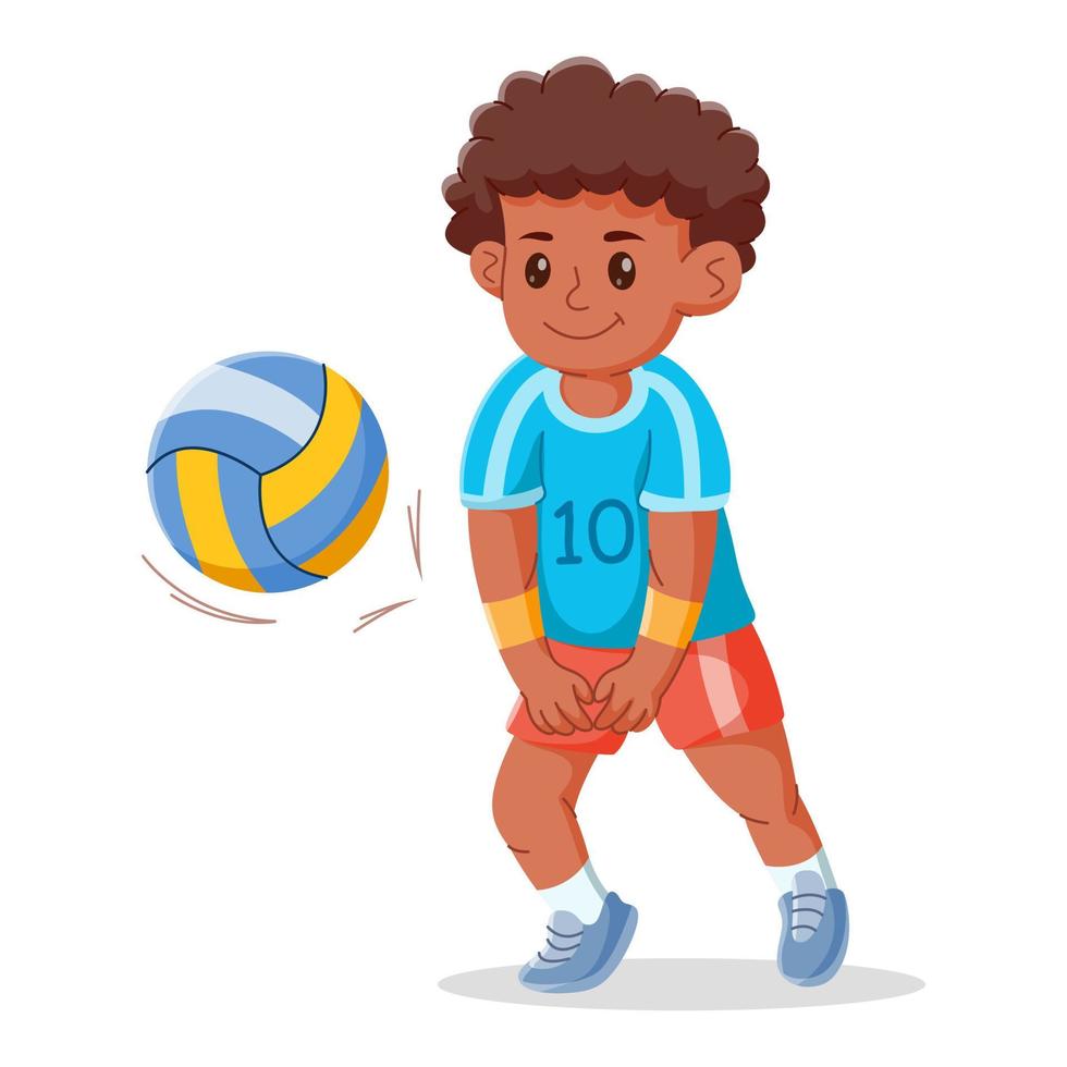 Lycklig söt unge pojke spelar volleyboll på en vit bakgrund. vektor illustration