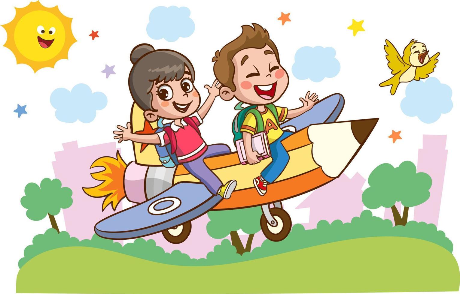 Spaß lehrreich Bilder mit lehrreich Materialien.lustig Kind fliegend auf bunt Bleistift Karikatur Vektor