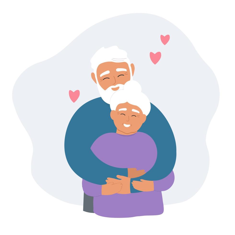 ett äldre par i kärlek kramar för en lång tid tillsammans. Lycklig gammal ålder. vektor grafik.