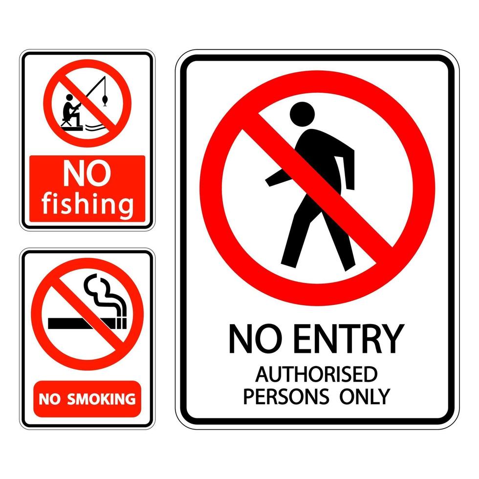 ställa in skylt etikett ingen rökning, inget fiske, ingen inresa auktoriserade personer vektor