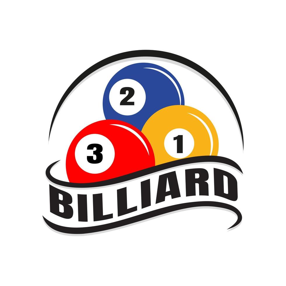 Billard Meisterschaft Sport Abzeichen Design Logo und einfach Text, Billard- Zimmer oder Billard- Verein und Team, Billard- Ball Schwarz, Billard- Ball Rot, Billard- Ball Gelb, Symbol, Symbol, Vorlage vektor