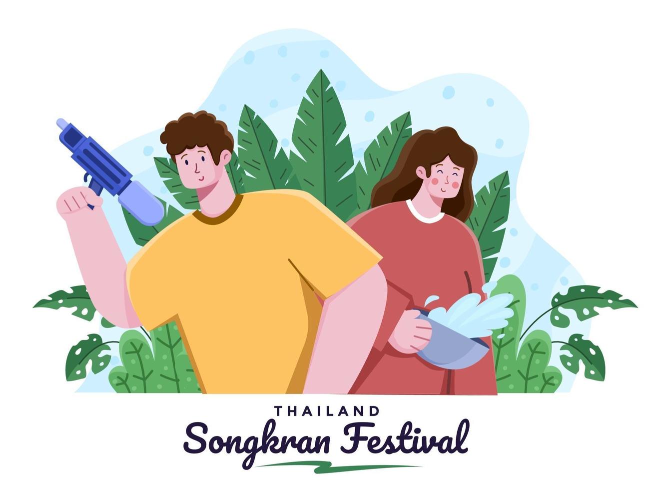 Songkran vattenfestival Thailand illustration. tecknad Thailand nyårsfest. Thailand Songkran National Festival. glad songkran festival. par firar songkran festival. vektor