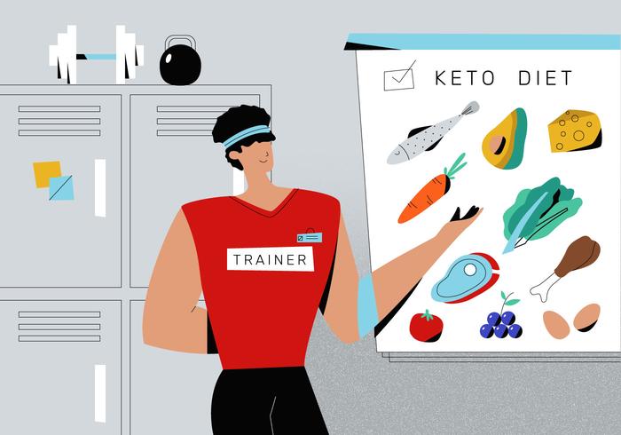 Gesunde Lebensmittel-ketogene Diät erklären durch persönliche Trainer-Vektor-Illustration vektor