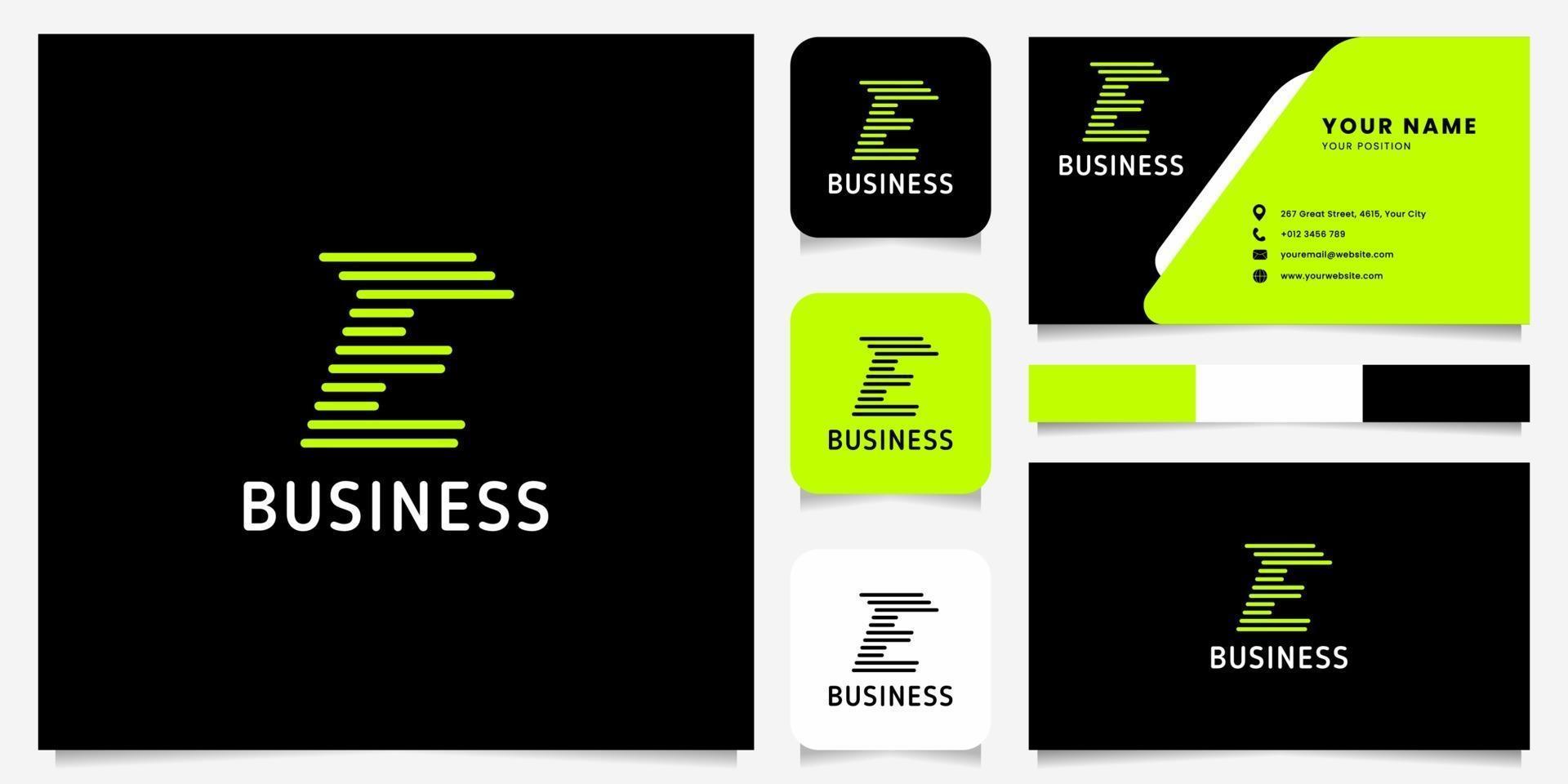 ljusgrön pil rundade linjer bokstav e-logotyp i svart bakgrund med visitkortsmall vektor
