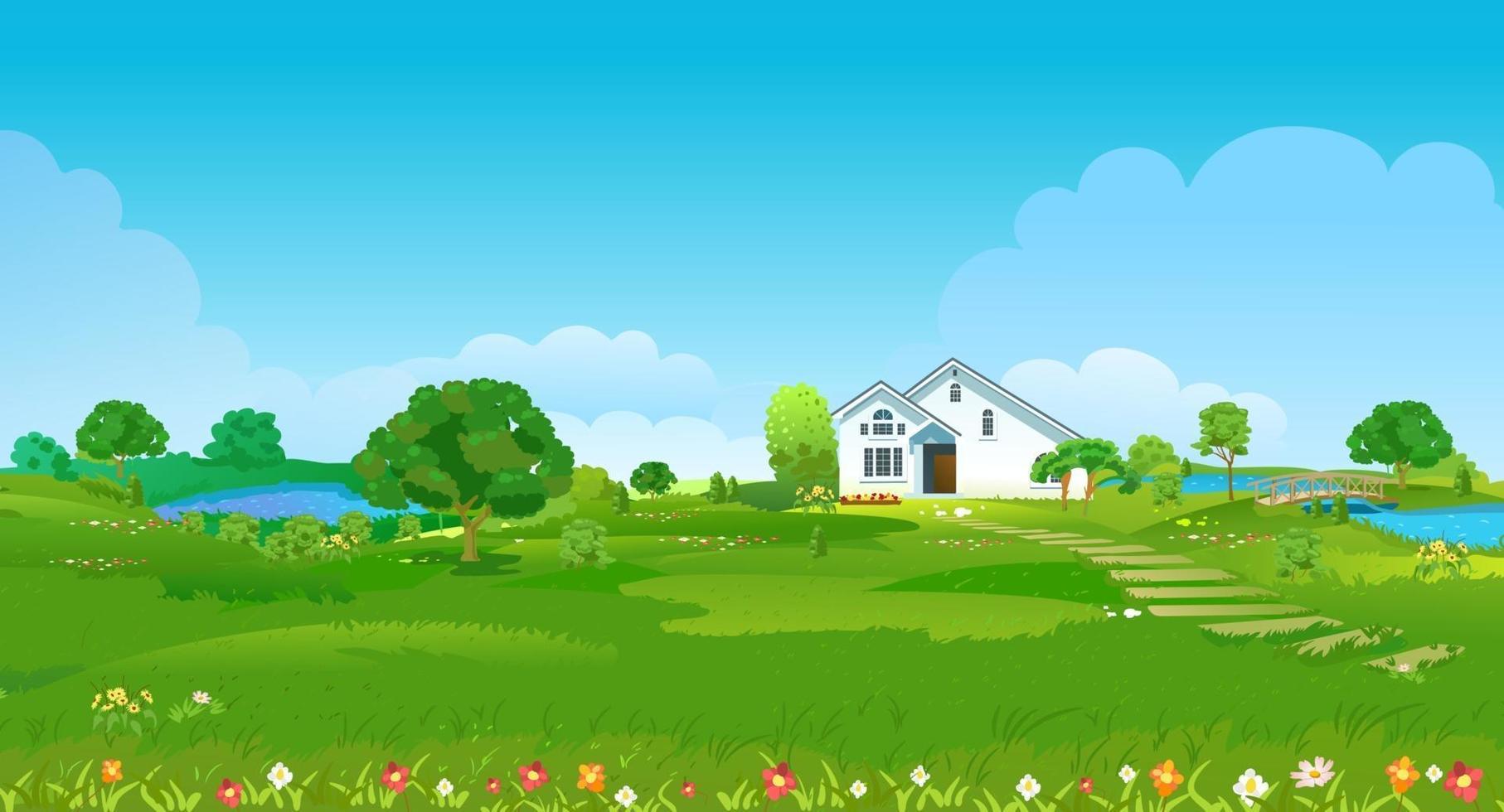 Sommerlichtung mit einem weißen Haus, Teichen, grünen Bäumen und Blumen. Sommerland Landschaft. Vektorillustration vektor