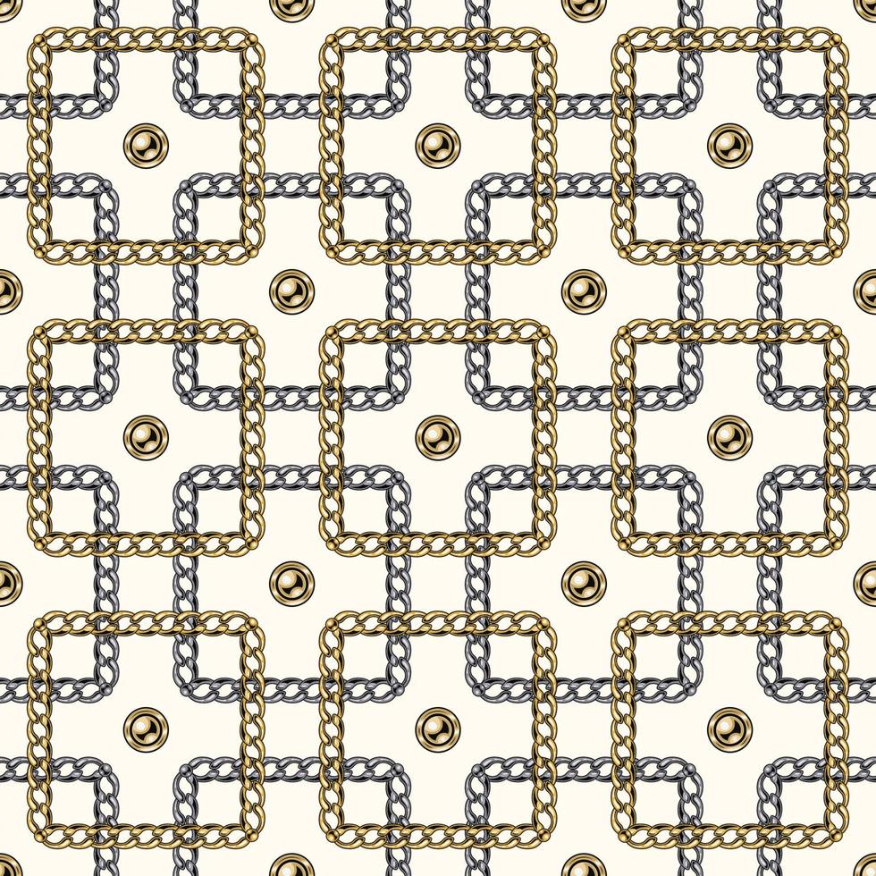 nahtlos geometrisch Kette Muster mit kompliziert überlappend Quadrate auf Weiß Hintergrund. Gold und Silber Ketten. Vektor Illustration.