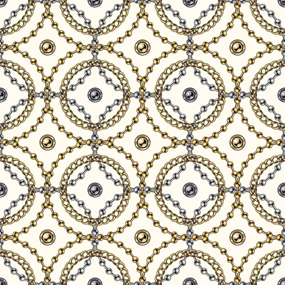 sömlös geometrisk kedja mönster med boll pärlor, trottoarkant länk kedjor, invecklad överlappande cirklar på vit bakgrund. silver- och guld kedjor. vektor