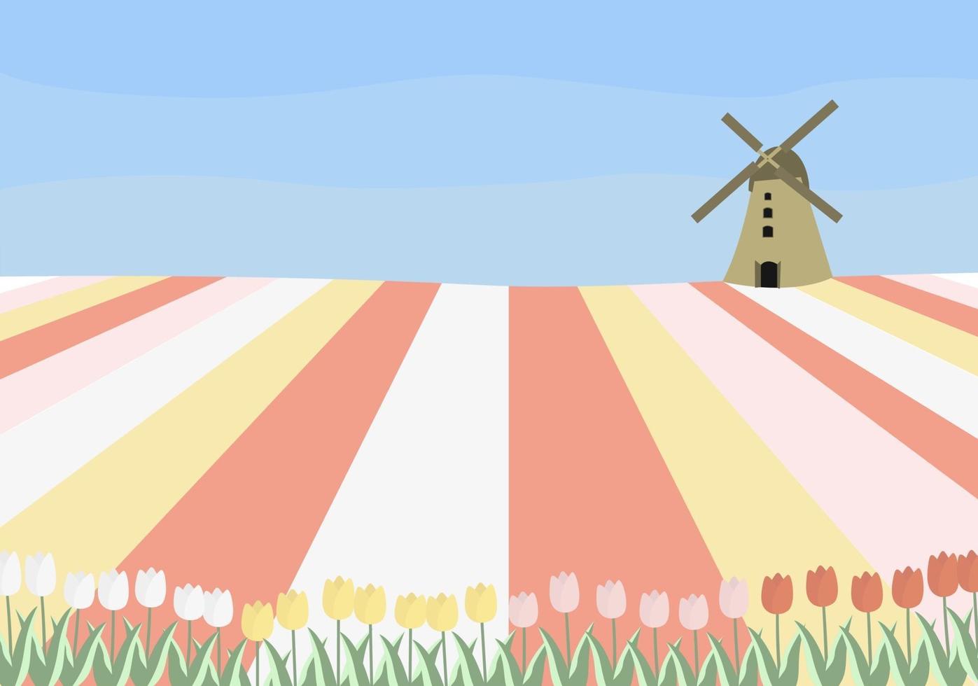 Konzeptvektorillustration mit holländischen Tulpenfeldern und einer Mühle. Perfekt für Internet-Publishing, Tapeten, Poster, Grußkarten. vektor