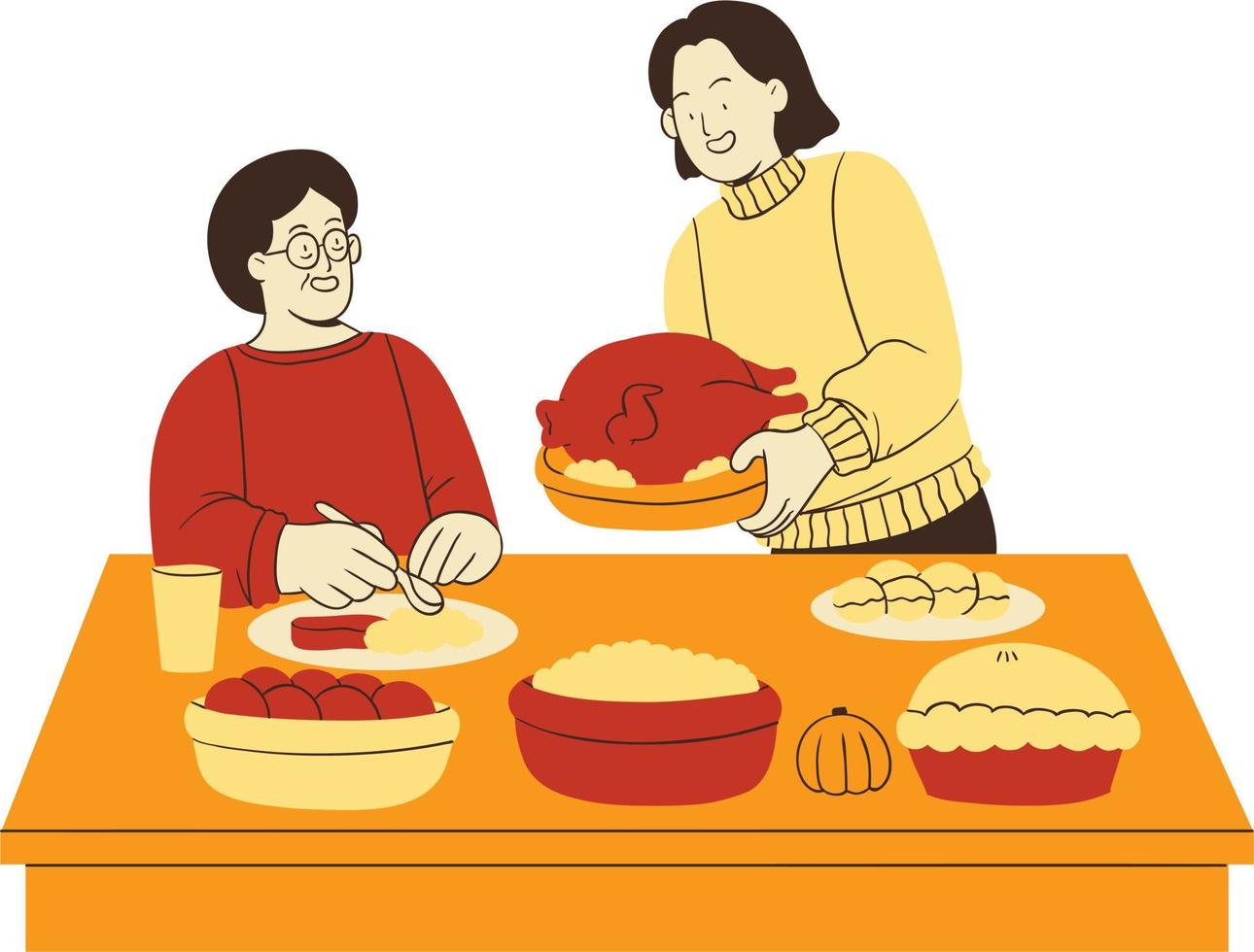 Mutter und Tochter Essen Essen beim heim. Vektor Illustration im eben Stil.