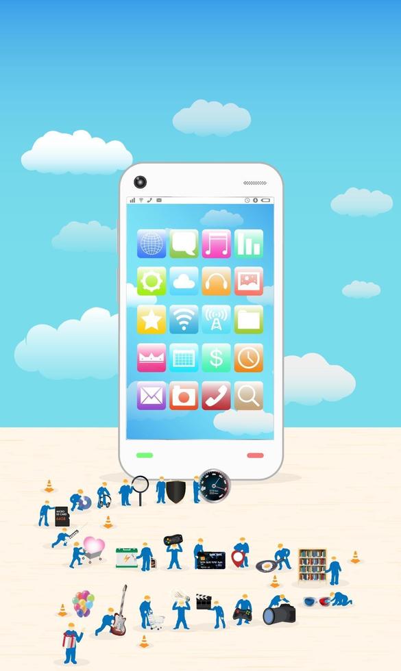grupp miniarbetare som bygger en smartphone vektor
