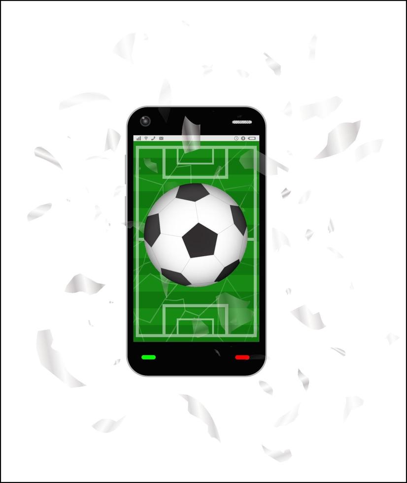 knäckt skärmsmartphone med fotbollsplan och fotbollsfotboll vektor