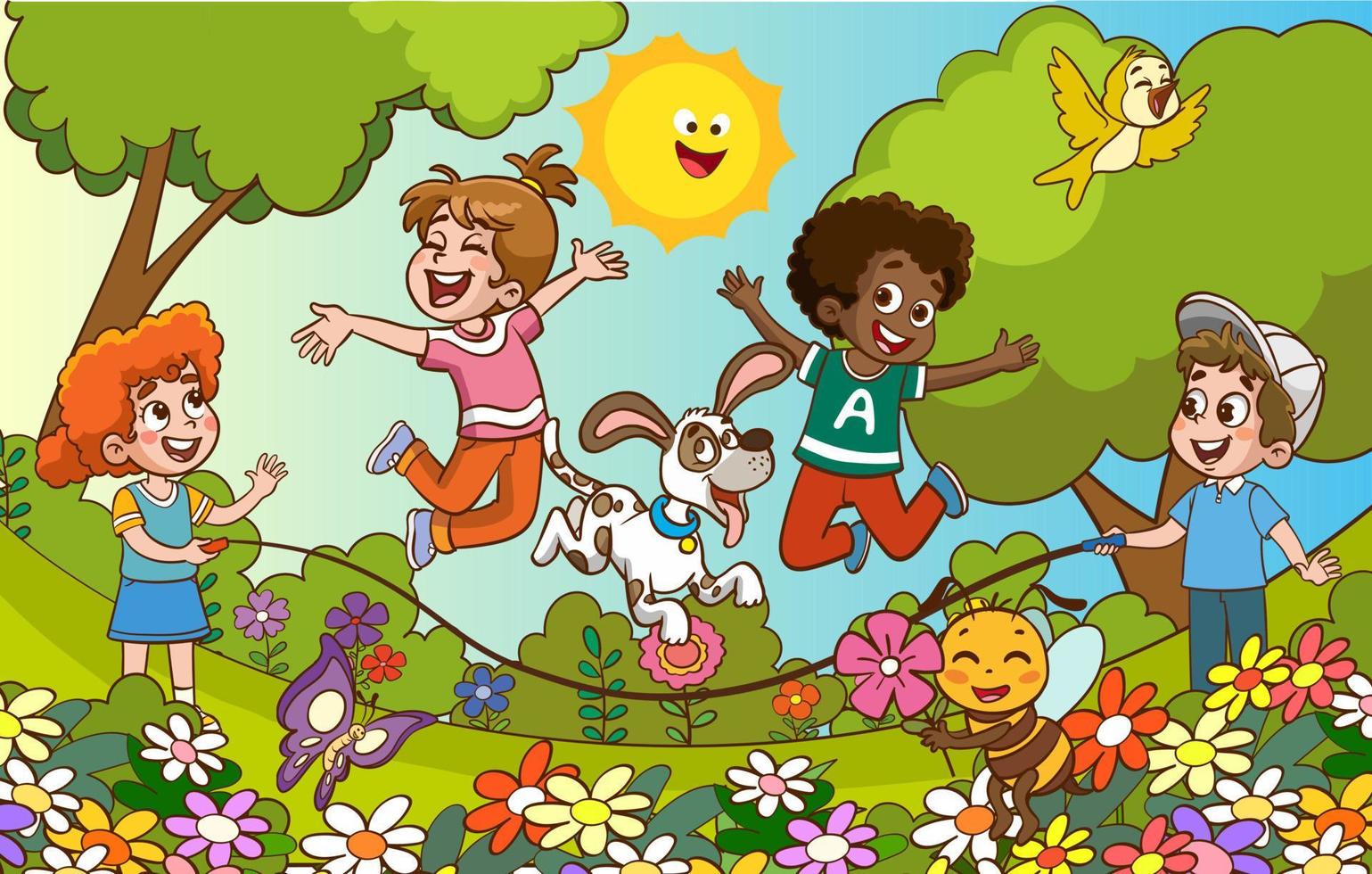 glücklich wenig Kinder haben Spaß. Vektor Illustration von süß Kinder Springen Seil