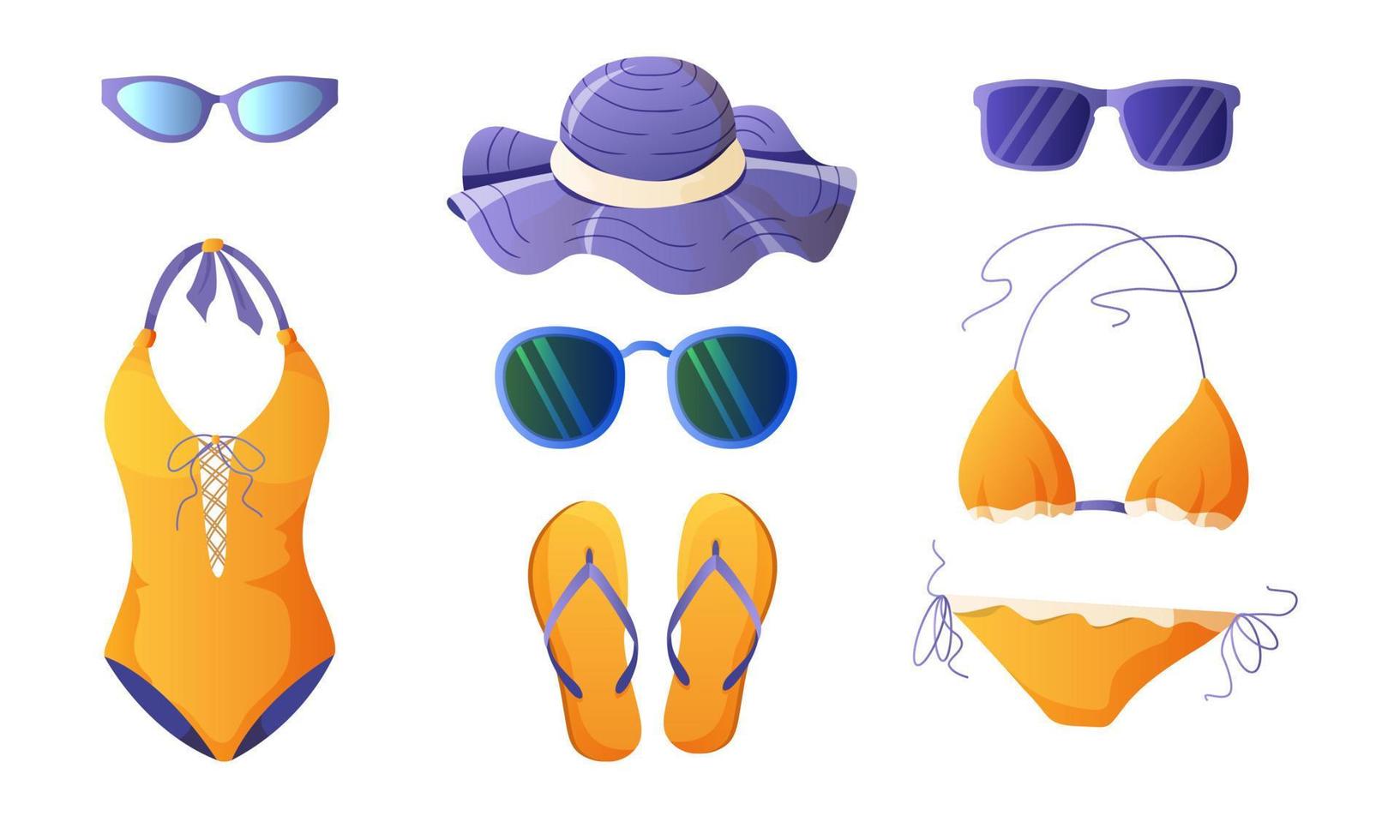 ein einstellen von Strand Elemente isoliert auf ein Weiß Hintergrund. Hut, Sonnenbrille, Schiefer, Damen Badeanzug. vektor