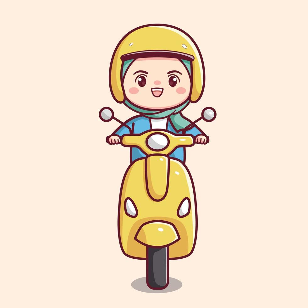 süß Hijab Mädchen Reiten Motorrad Roller eben umrissen Illustration einfach Jahrgang Transport Karikatur kawaii Chibi vektor