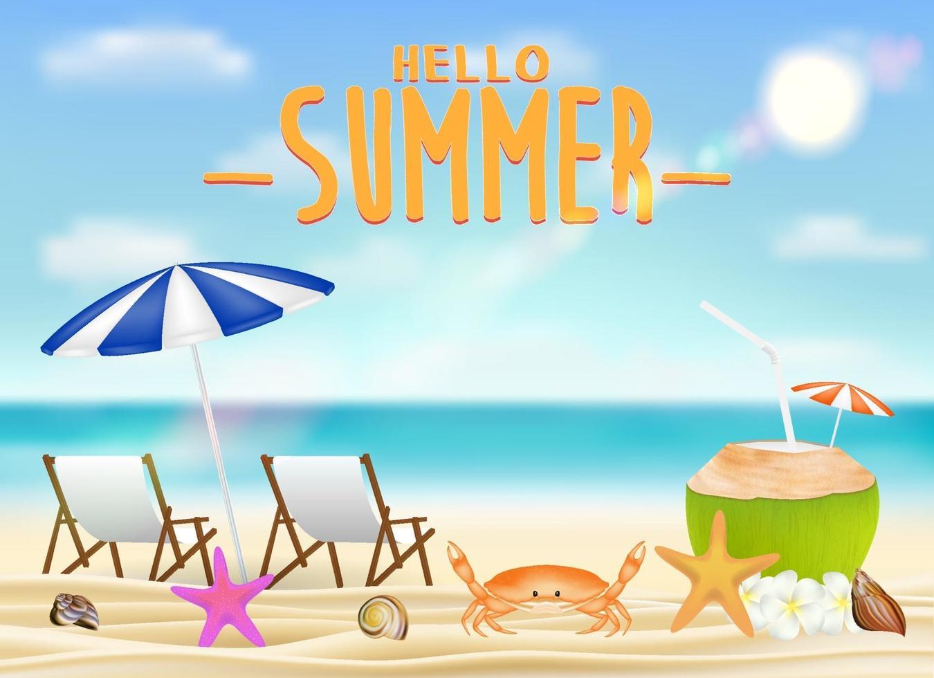 Hallo Sommer mit entspannendem Stuhl, Kokosnussgetränk am Strand vektor