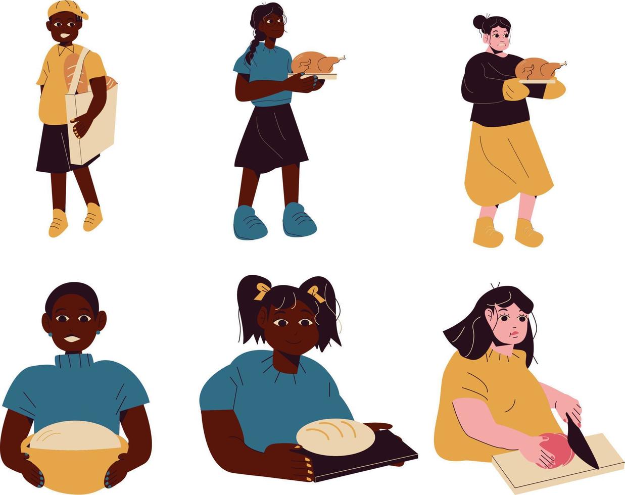 uppsättning av kvinnor och män med bröd och bageri Produkter vektor illustration design