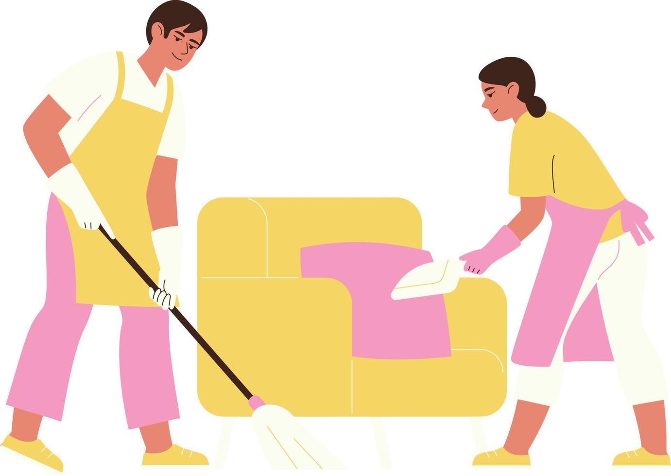 Reinigung Bedienung Mann und Frau Reinigung Sofa mit Mopp Vektor Illustration