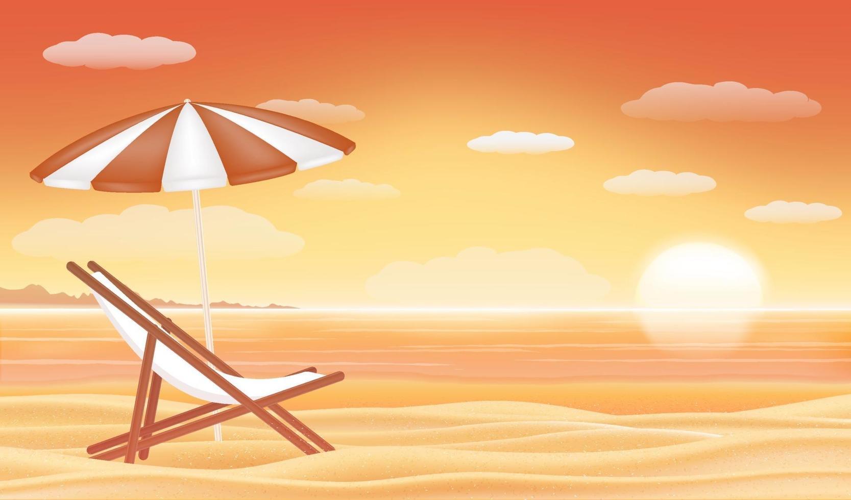 Entspannen Sie Sonnenschirm Regenschirm mit Sonnenuntergang Meer Strand Hintergrund vektor